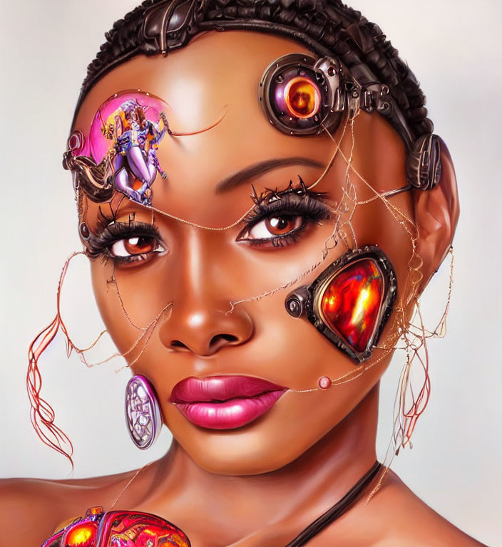 Digital artwork: African woman with cybernetic eye-piece and robotic head parts