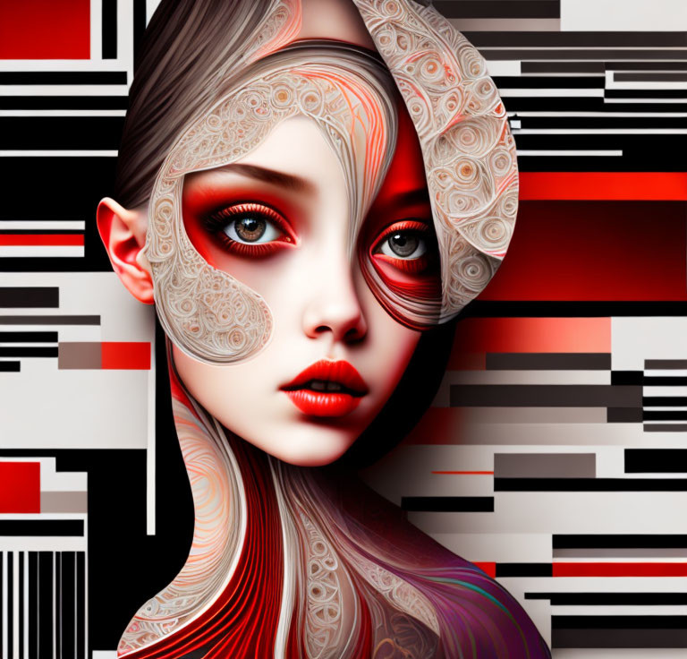 Stylized female face with intricate patterns on geometric background