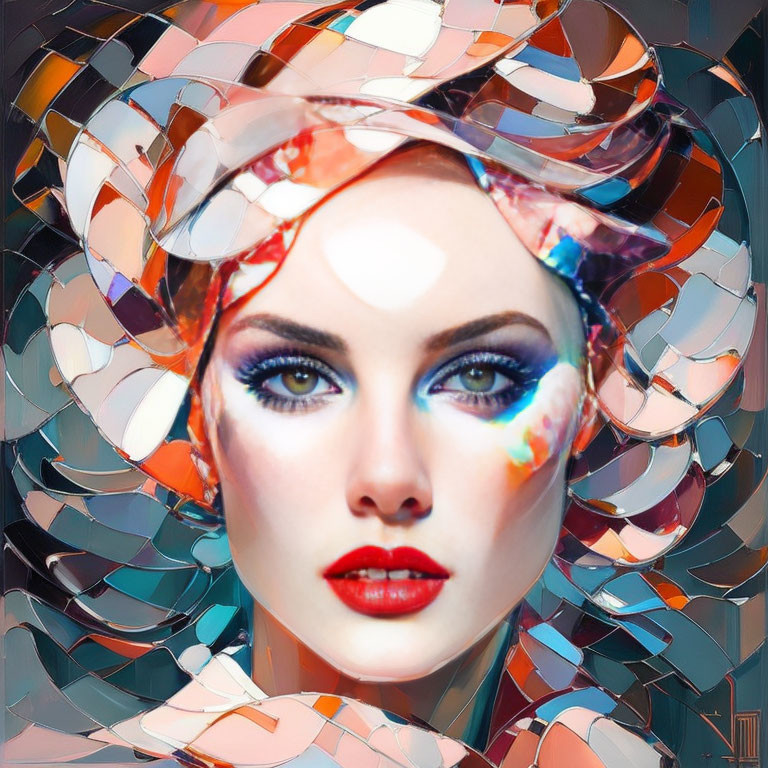 Colorful Abstract Hat on Woman with Striking Makeup