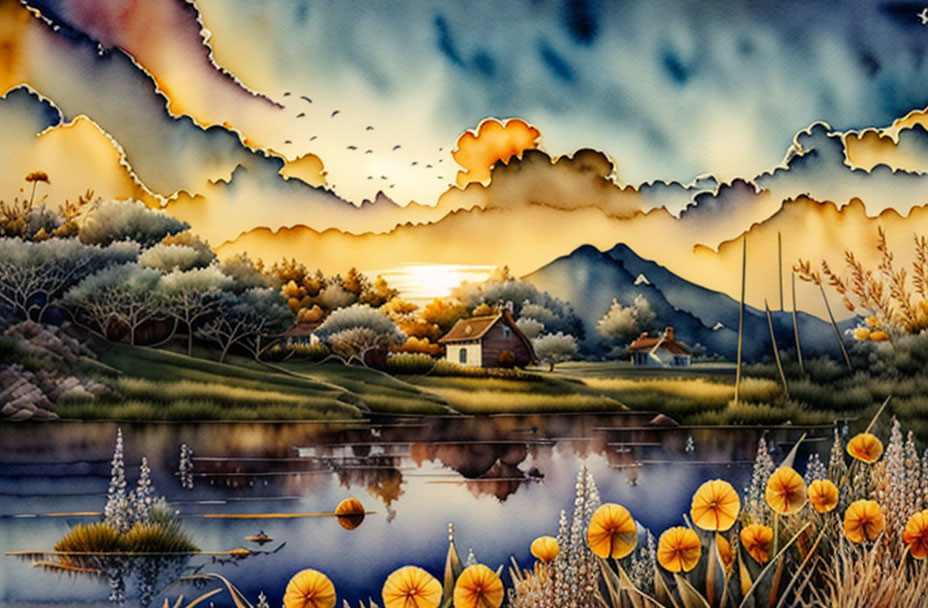 Tranquil sunset landscape with lake, flowers, and cottages