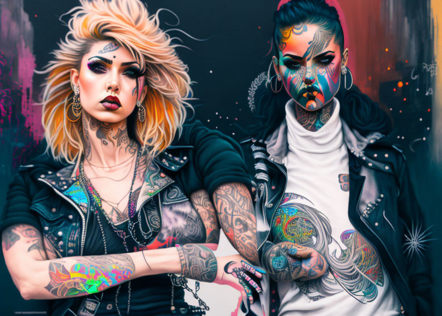 Edgy women with tattoos and bold makeup against graffiti backdrop