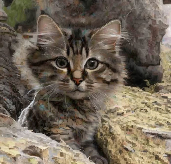 Fluffy tabby kitten with green eyes on rocky background