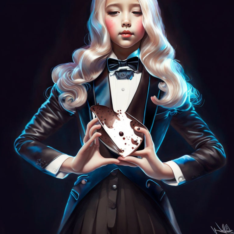 Blonde curly-haired girl in tuxedo holding butterfly on dark background