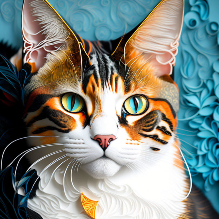 Vivid Cat Art with Orange, Black, and White Fur on Blue Background