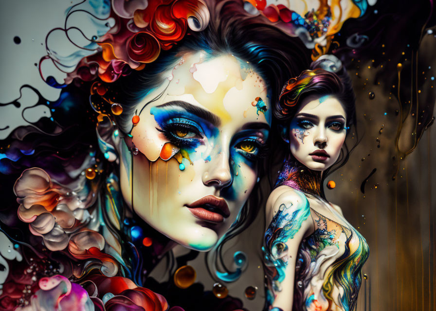 Vivid, colorful paint flowing on two women's faces and bodies