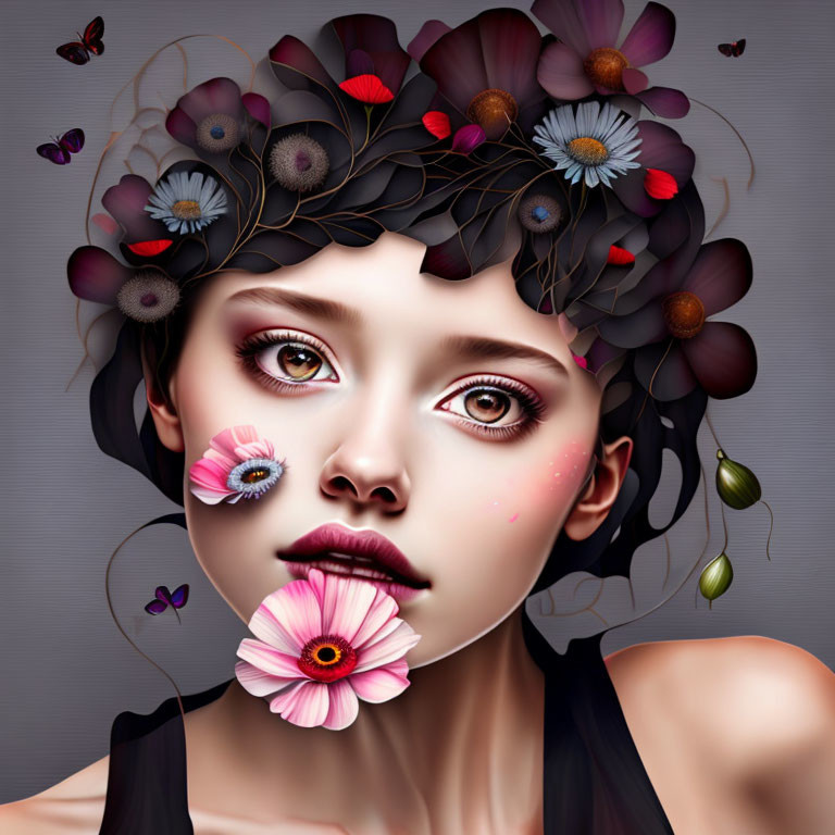 Digital artwork of woman with floral headdress, vibrant flowers, butterflies on grey background