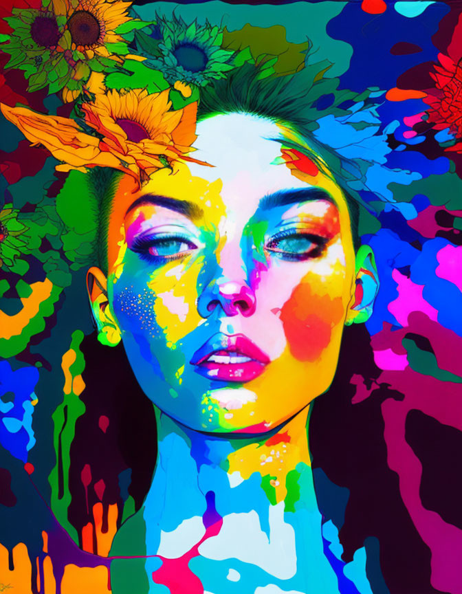 Colorful Portrait of Woman with Closed Eyes Surrounded by Flowers and Neon Paints