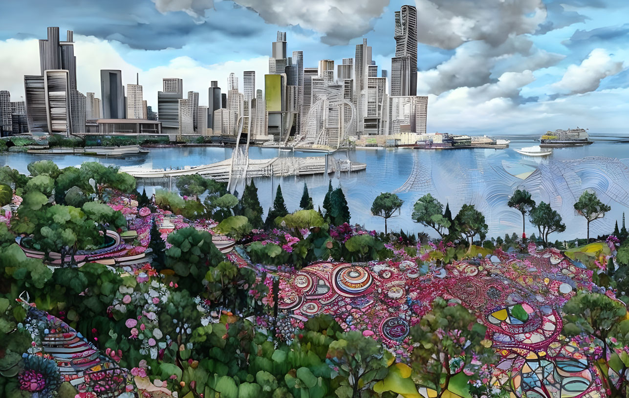 Colorful cityscape with skyscrapers, waterfront, and mosaic garden under cloudy sky