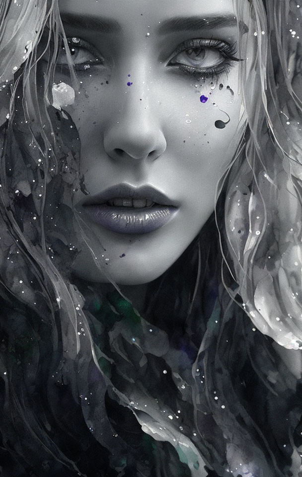 Monochrome portrait of a woman with striking eyes and purple lips, overlaid with paint splatters.