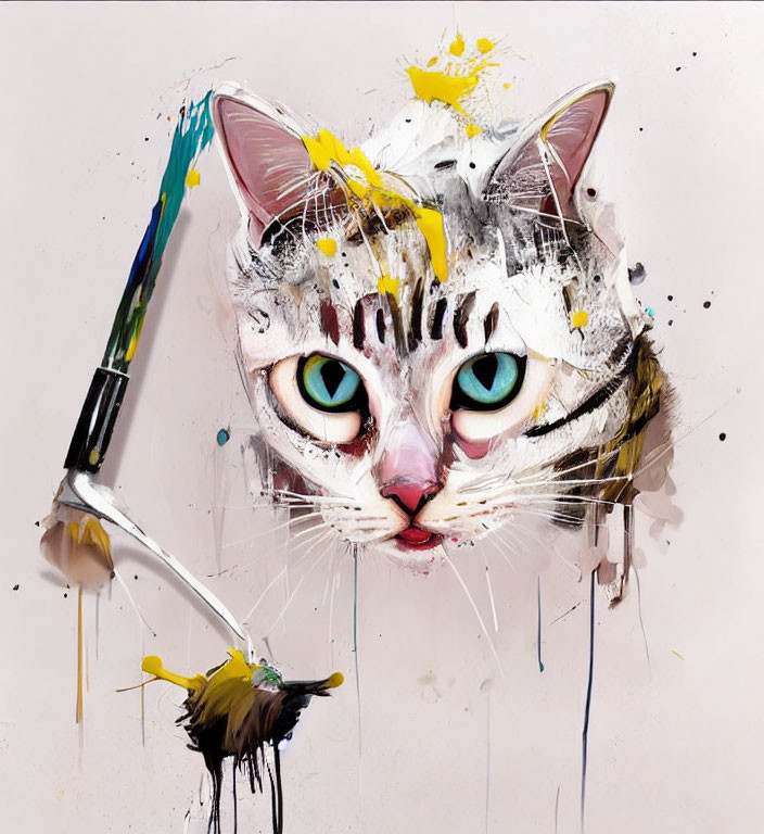 Hyper-realistic painting of a cat's face with vivid blue eyes and colorful paint splatters.