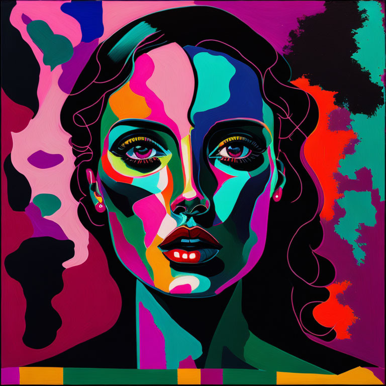 Vibrant abstract portrait of a woman against dark background