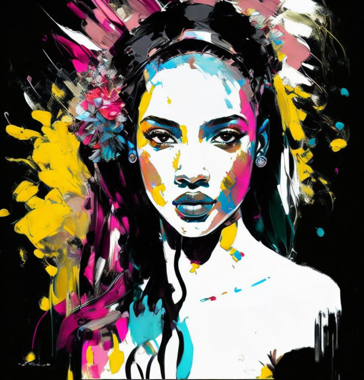 Vibrant abstract portrait of a woman in yellow, black, and pink hues