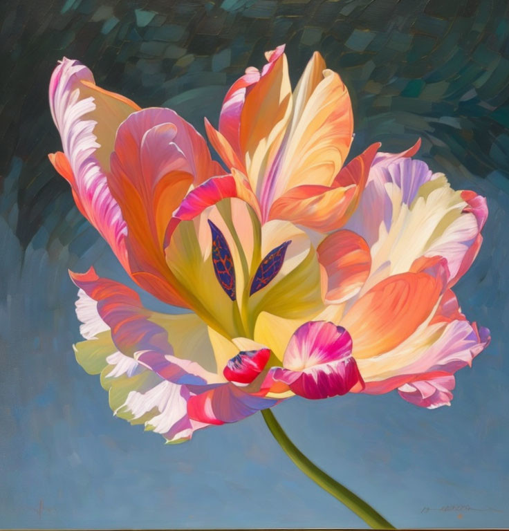 Colorful Stylized Tulip Painting with Brush Strokes on Teal Background