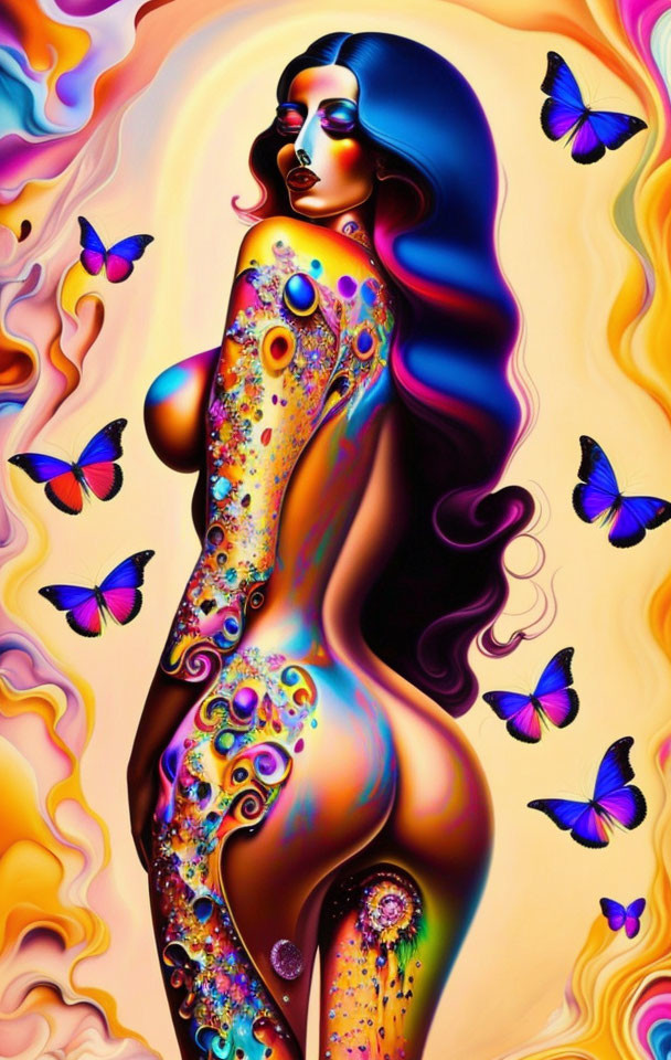 Colorful Psychedelic Woman with Butterflies on Pastel Background