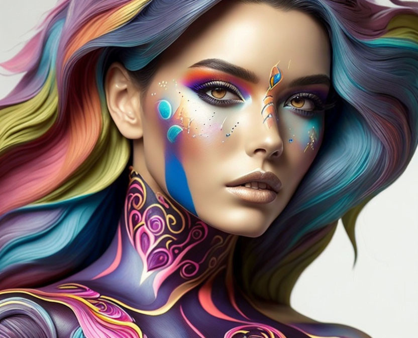 Colorful digital portrait of a woman with vibrant hair and intricate makeup.