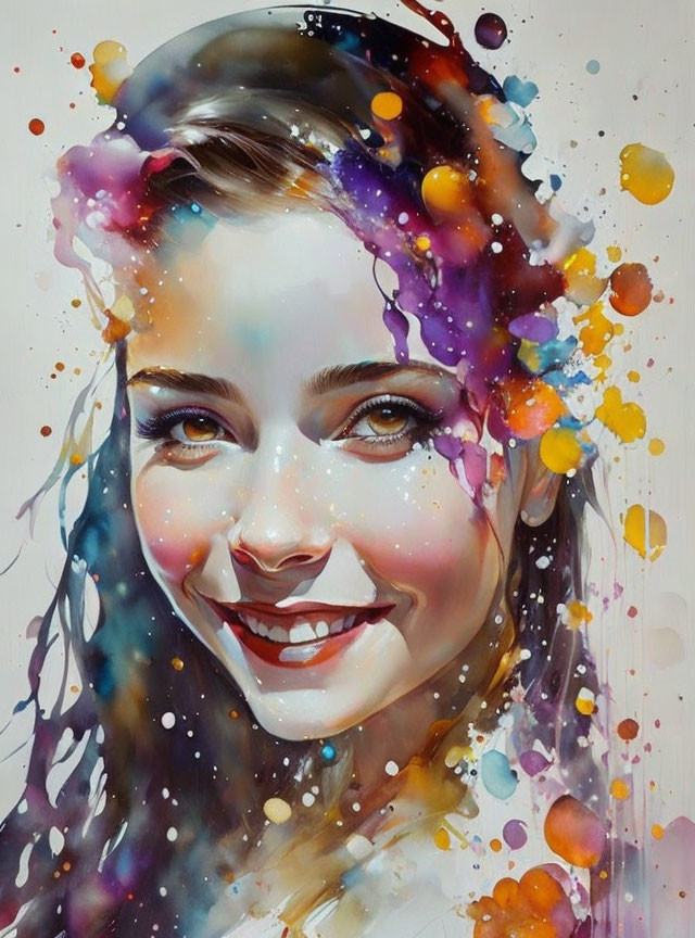 Colorful portrait of smiling woman with abstract splash of colors