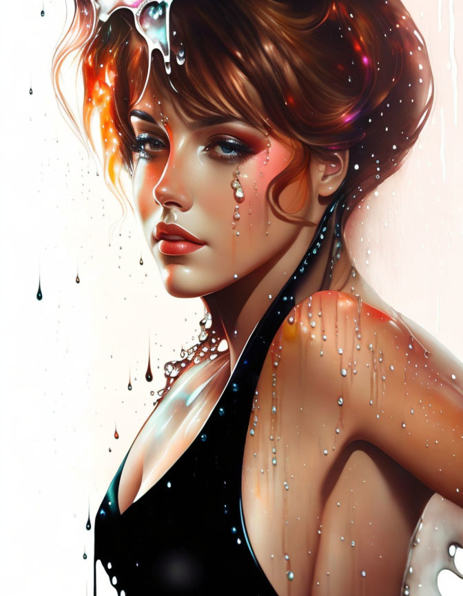 Stylized portrait of a woman with glossy tears and water droplets on hair and skin