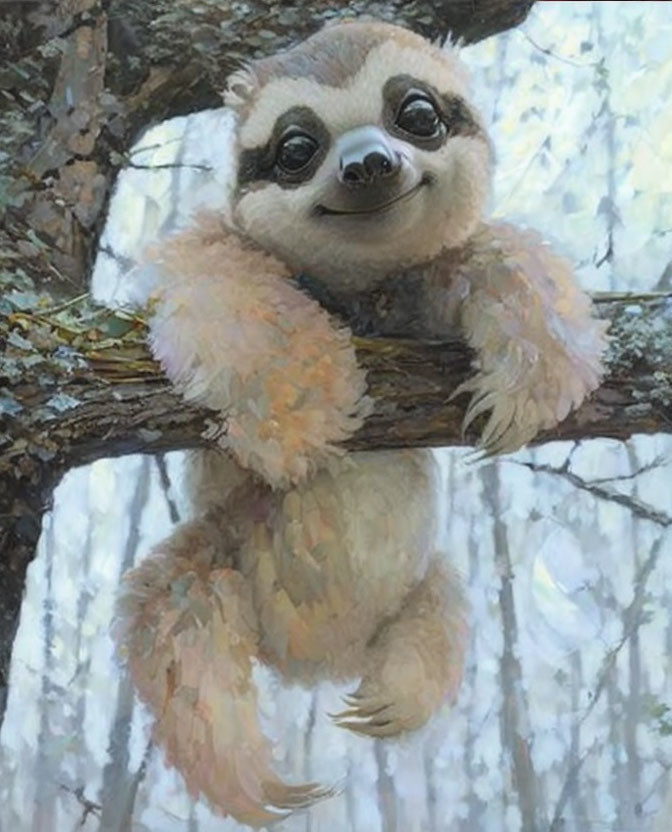 Smiling sloth on tree branch in forest setting