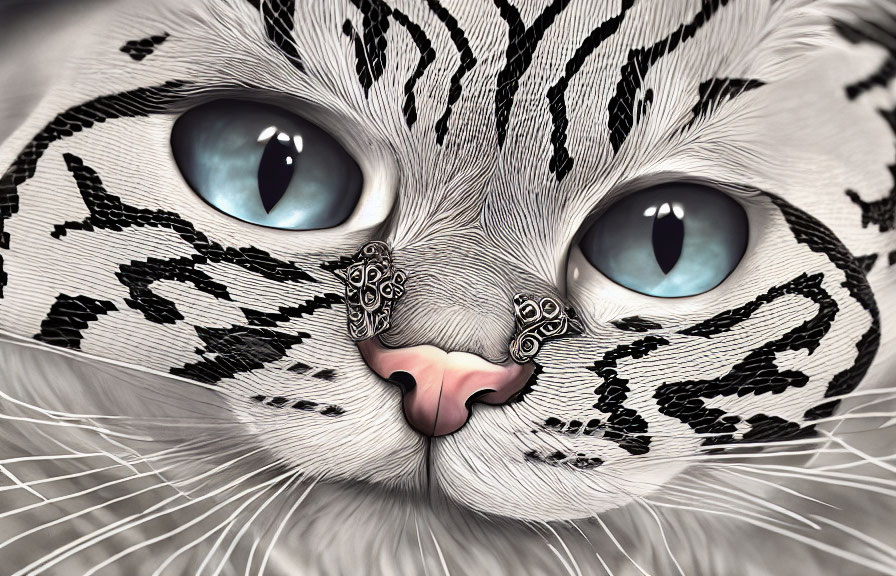 Detailed Close-Up Digital Artwork: Cat with Intricate Fur Patterns and Striking Blue Eyes