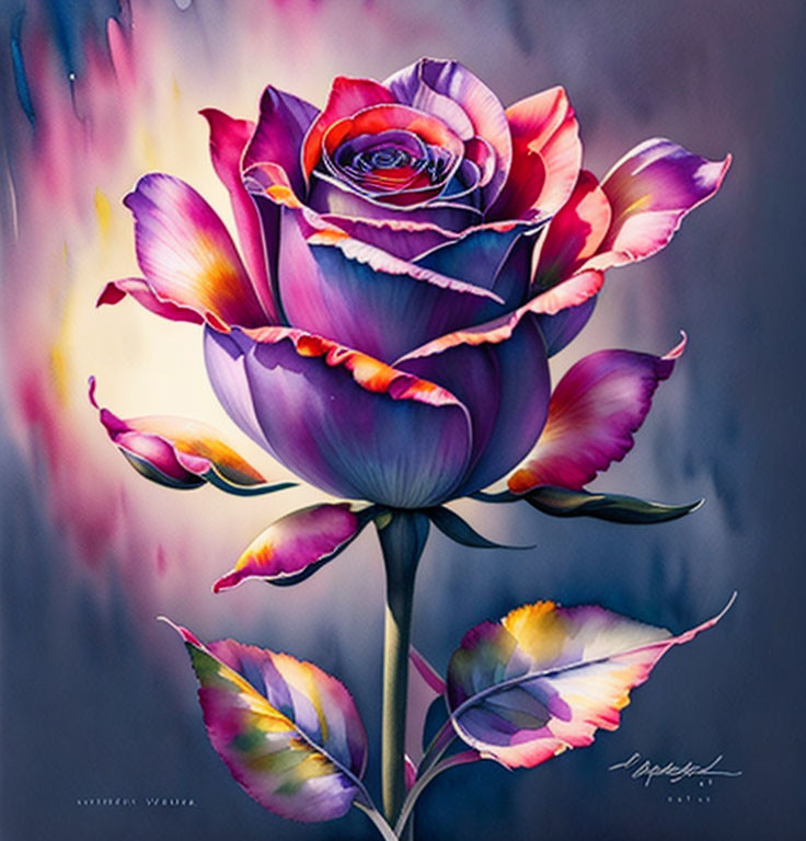 Colorful Rose Painting with Purple, Pink, and Yellow Hues