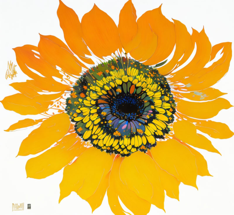 Colorful Sunflower Painting with Orange Petals on White Background