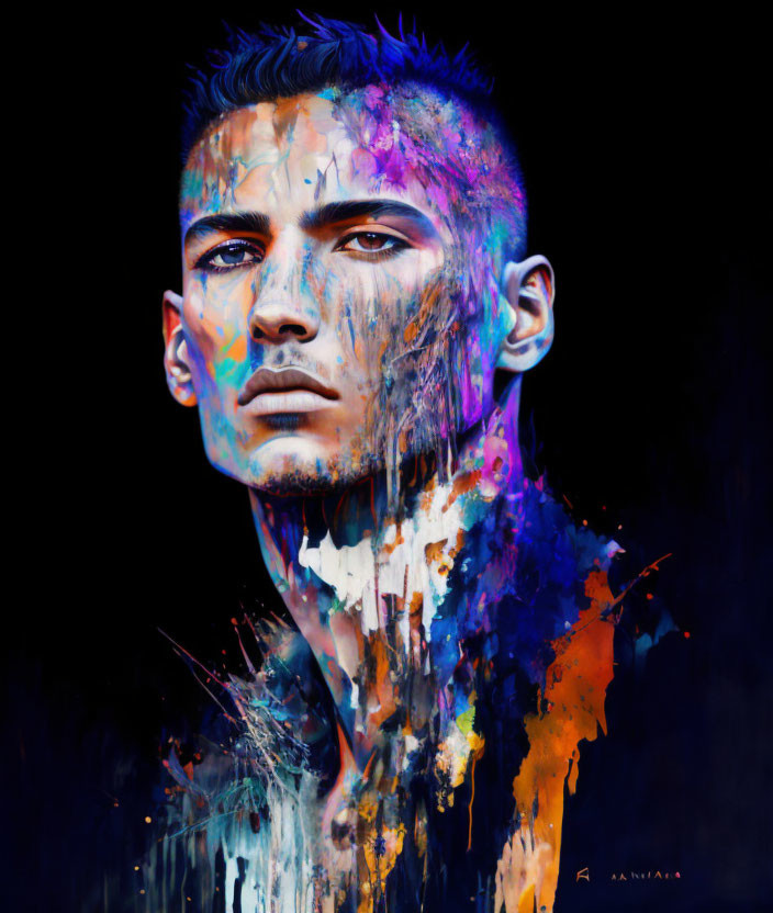 Vibrant multicolored paint drips on man's face in digital portrait