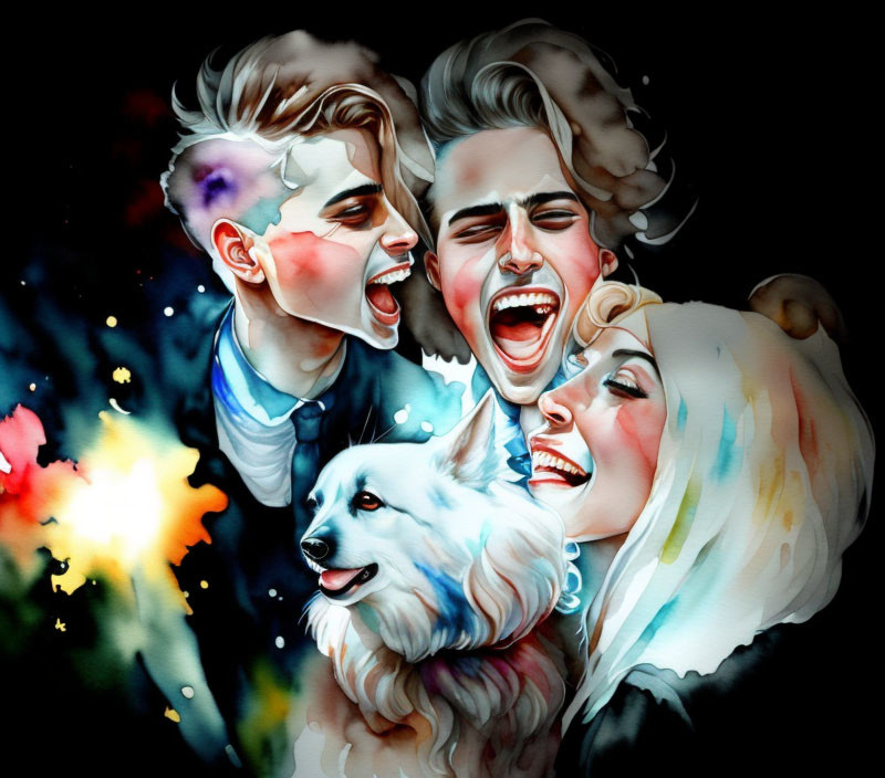 Colorful Abstract Watercolor Art with Three People and White Dog
