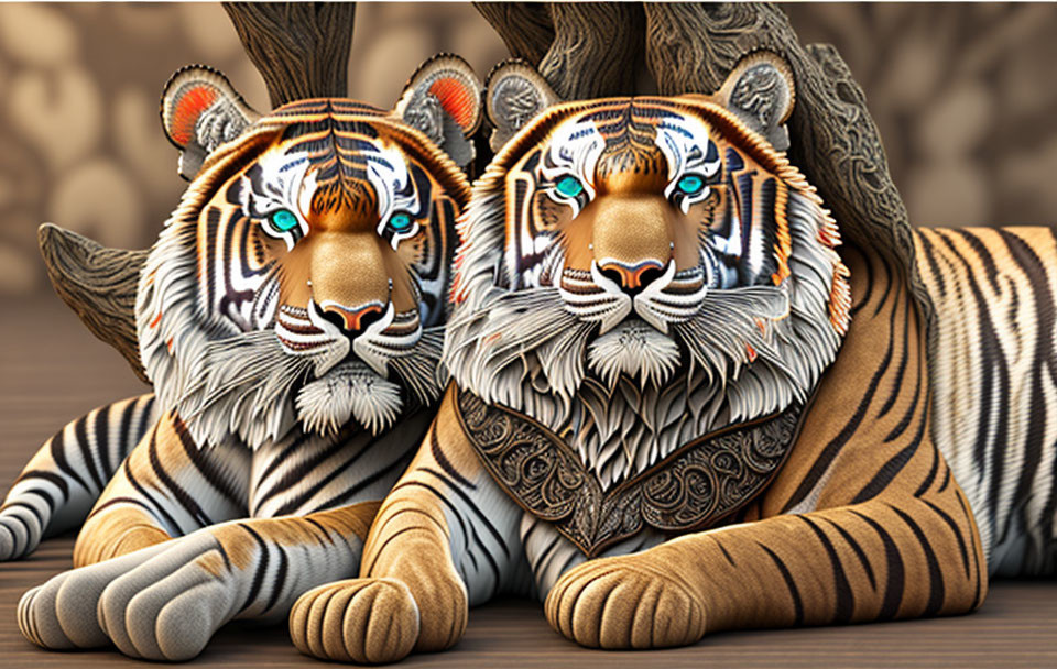 Intricately patterned computer-generated tigers on wooden background