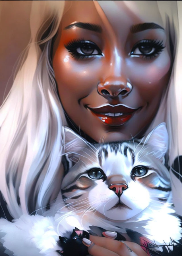 Blonde woman smiling with tabby cat close by