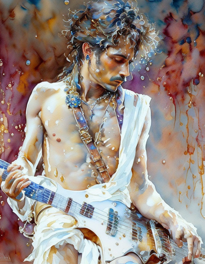 Shirtless man with headband, holding guitar - Watercolor painting