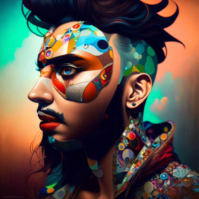 Vibrant multicolored face paint portrait with bold makeup