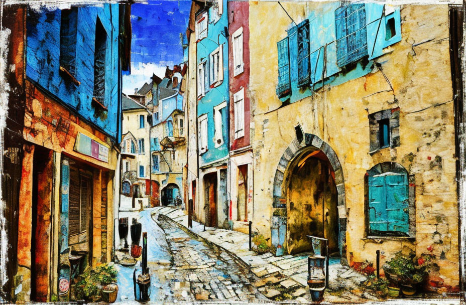 Colorful European street scene with old buildings and cobblestone path in vibrant paint-like style