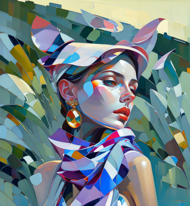 Colorful portrait of woman with geometric shapes and flowing scarf