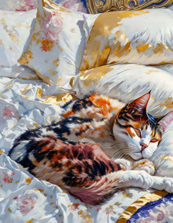 Multicolored Cat Sleeping on Floral Bedding Set with Gold Pillows