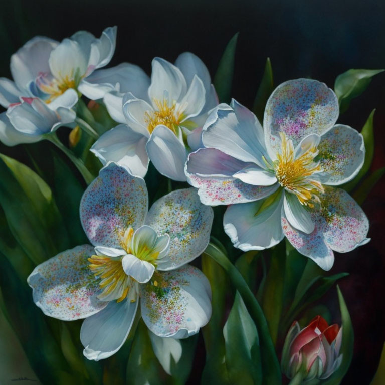 White tulips with speckled petals and yellow stamens on dark background