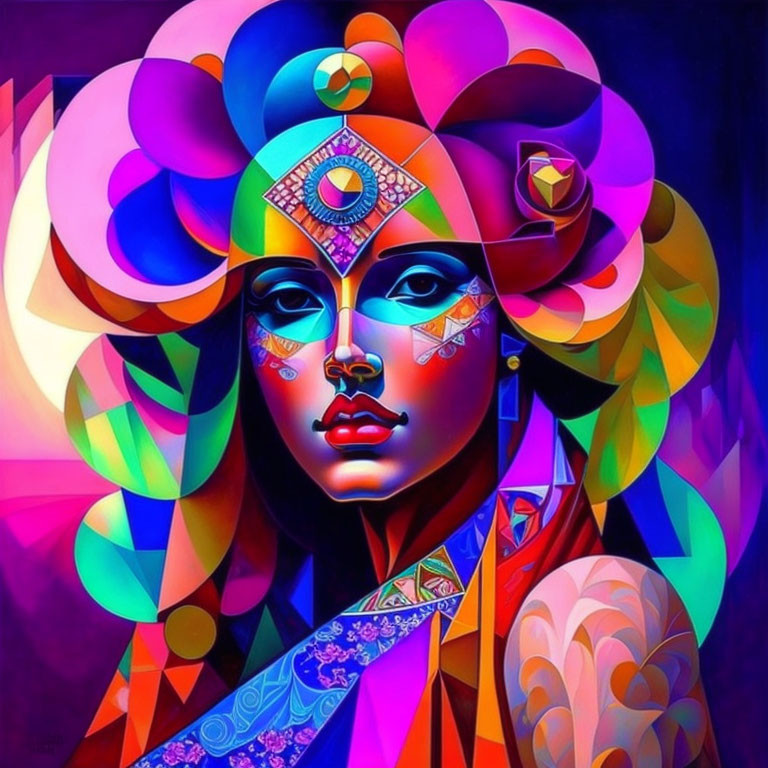 Colorful Abstract Portrait of Stylized Woman with Geometric Patterns