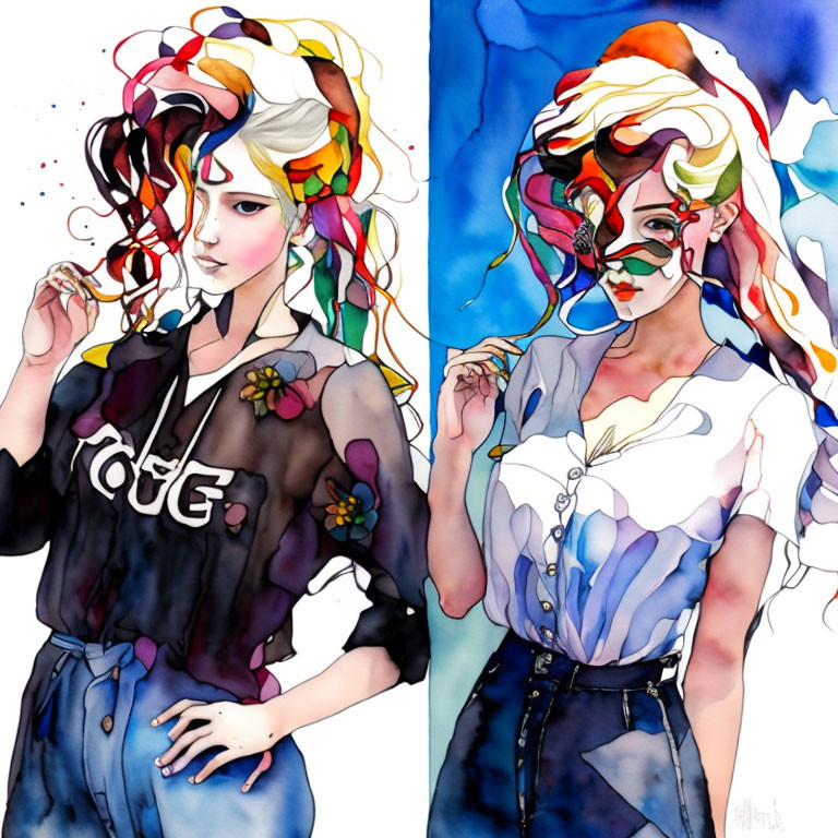 Stylized female figures with colorful flowing hair in watercolor style