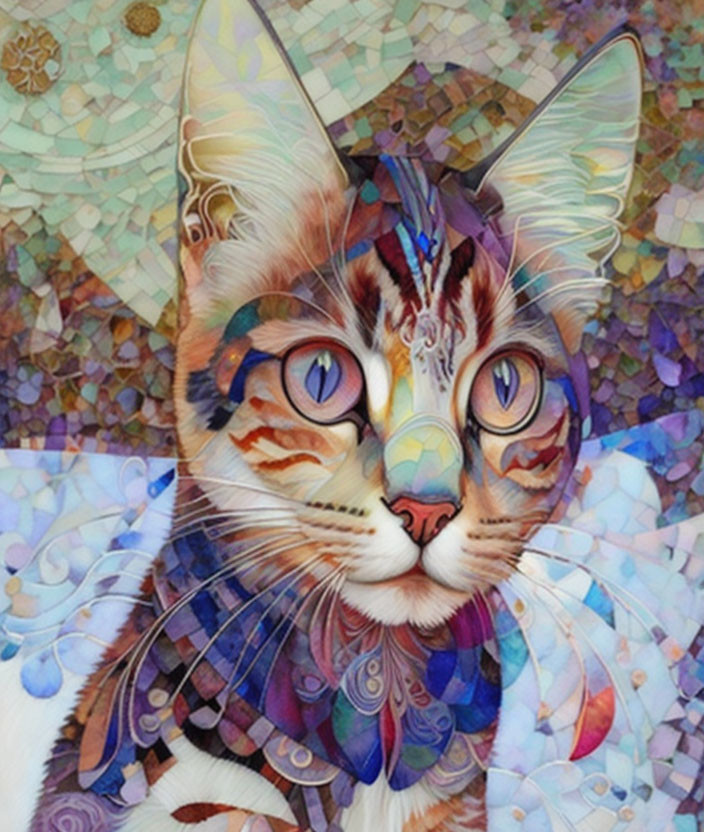 Vibrant Mosaic-Style Cat Illustration with Colorful Patterns