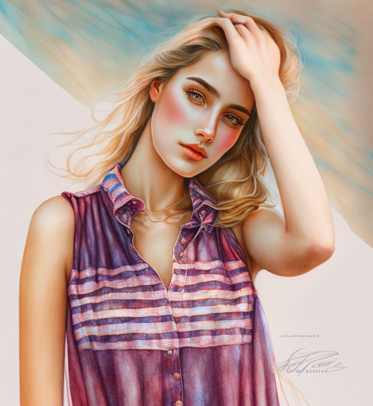 Young woman digital artwork: blonde hair, purple shirt, pastel background