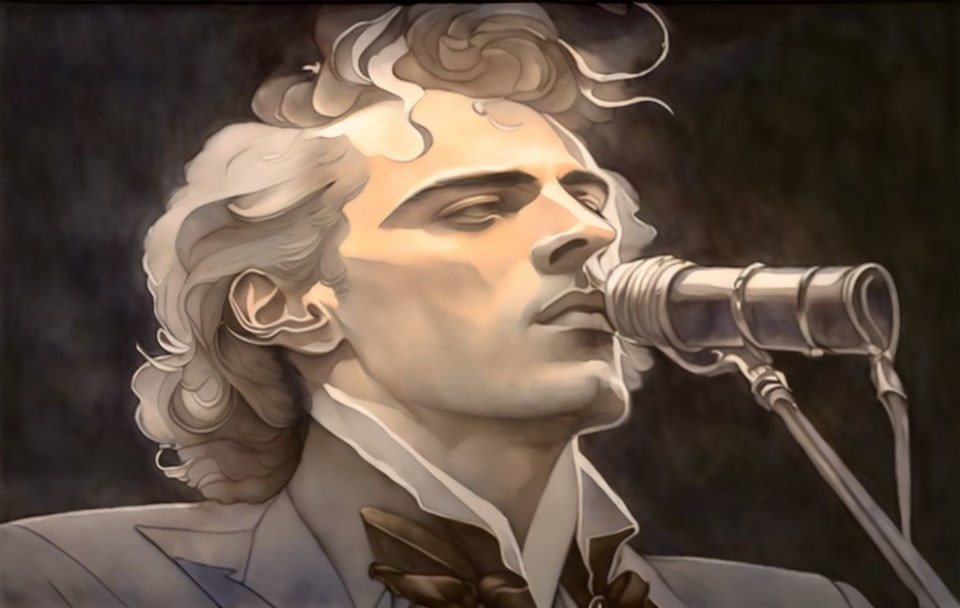 Monochromatic illustration of man singing with sepia tones