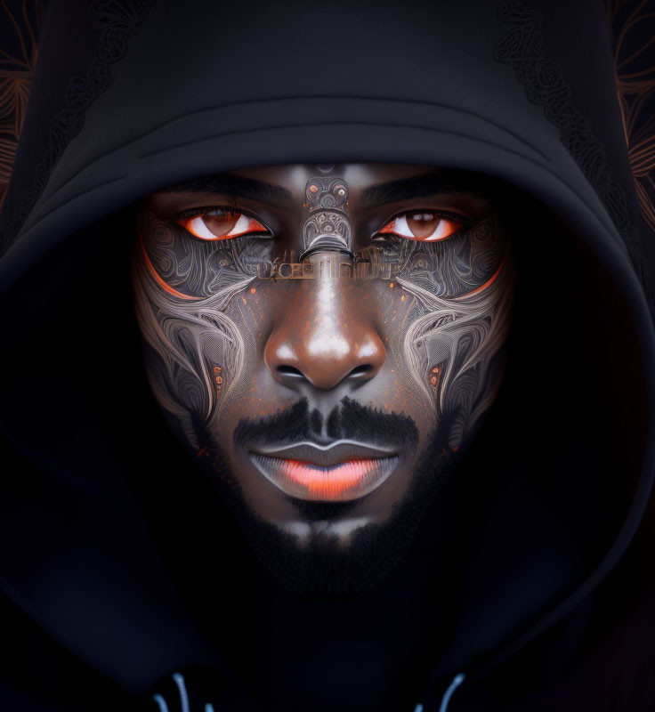 Striking portrait of person with orange eyes and intricate facial designs