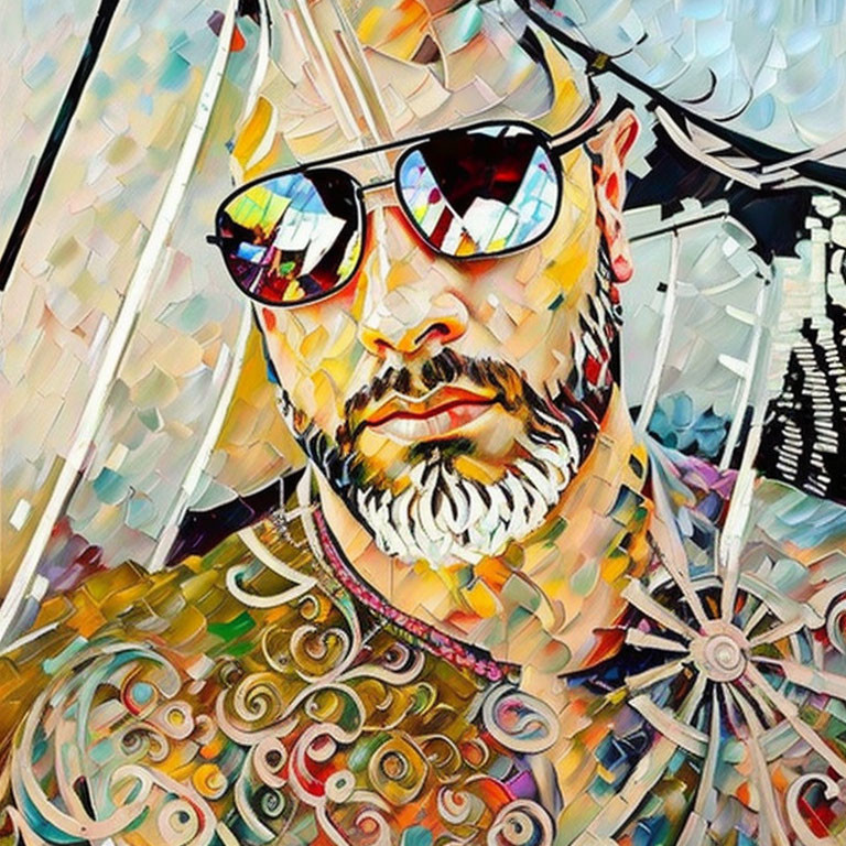 Colorful abstract digital portrait of a bearded man with sunglasses and geometric patterns