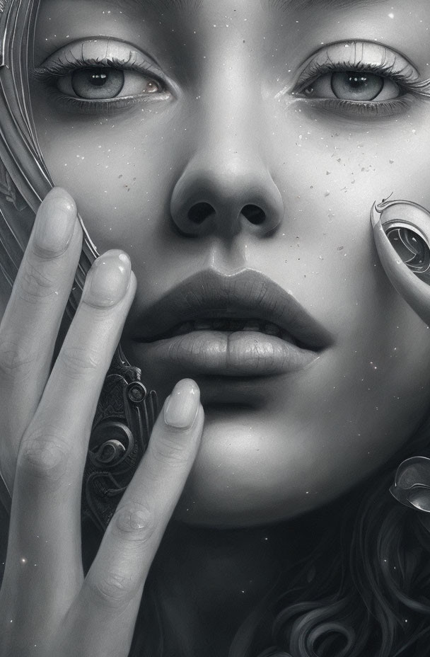 Detailed Monochromatic Artwork of Woman's Face with Mechanical Elements