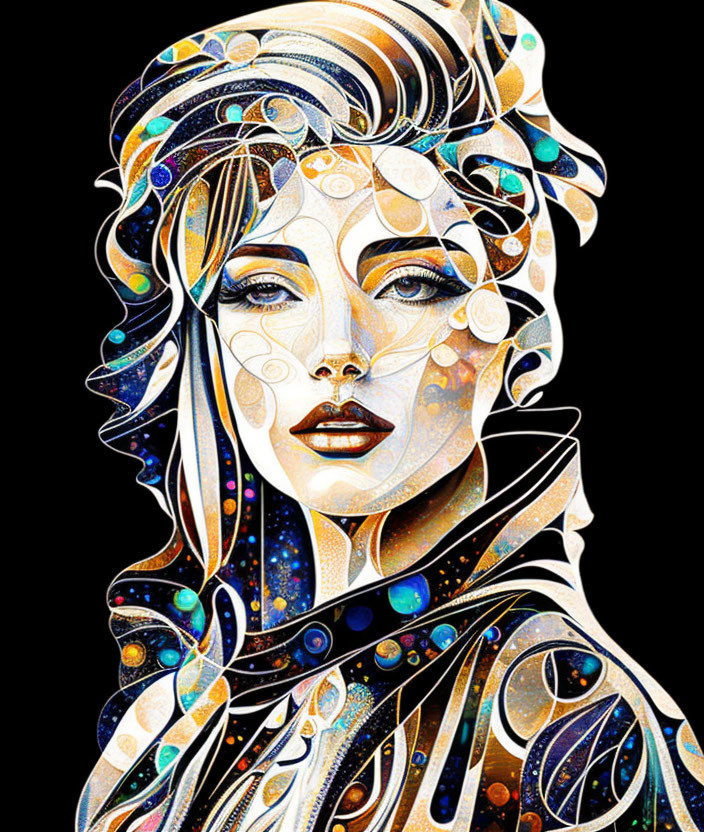 Vibrant digital portrait of a woman with cosmic motifs and intricate patterns