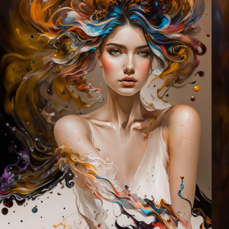 Colorful fluid-like hair swirls around woman in vibrant image