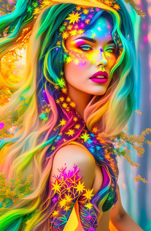 Colorful portrait of woman with rainbow hair, neon makeup, floral patterns, stars