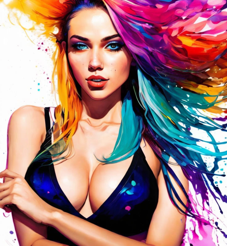 Colorful digital artwork: Woman with multicolored hair and blue eyes