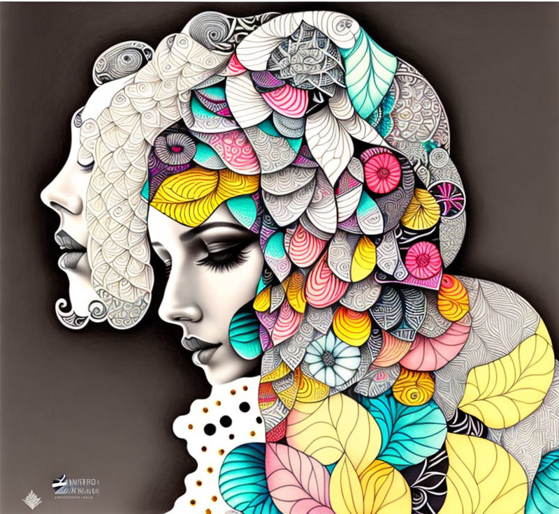 Colorful female profiles with intricate hair patterns in artistic rendering