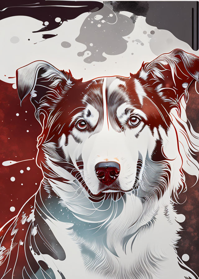 Abstract Border Collie Illustration with Red and White Accents