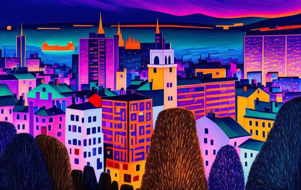 Colorful Cityscape Dusk Scene with Silhouetted Trees